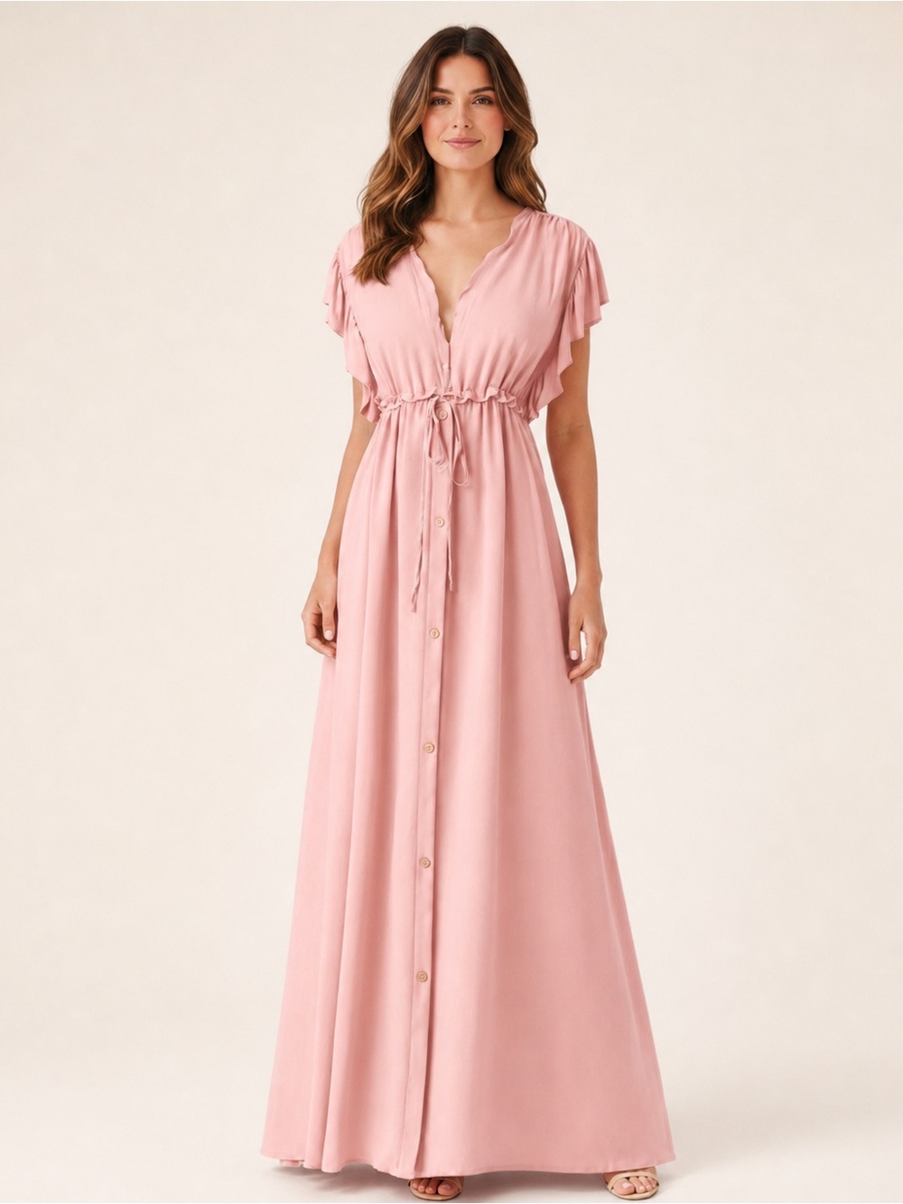 HALARA Blush Pink Maxi Dress with Button Front